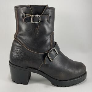 Frye Sabrina Double Buckle Boots Moto Biker Brown Leather Zipper USA Womens 10M